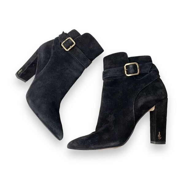 Sam Edelman Rita, Black Suede Booties, Block Heeled Buckle Boots, Women’s Size 7 - Picture 5 of 10